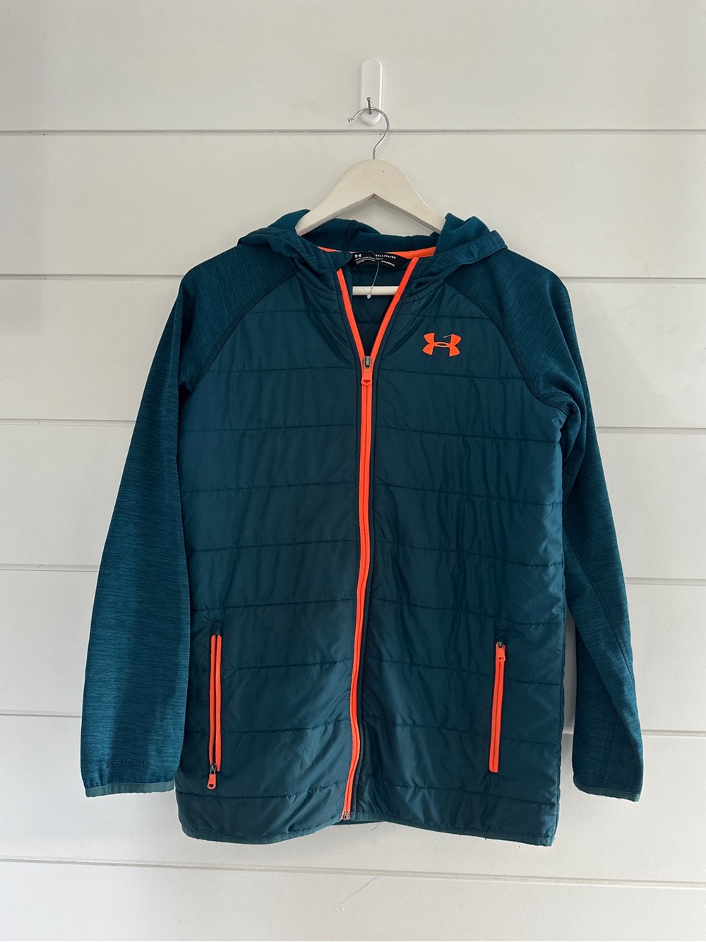 Under Armour Kids' Teal Hooded Jacket with Orange Accents - Size XL